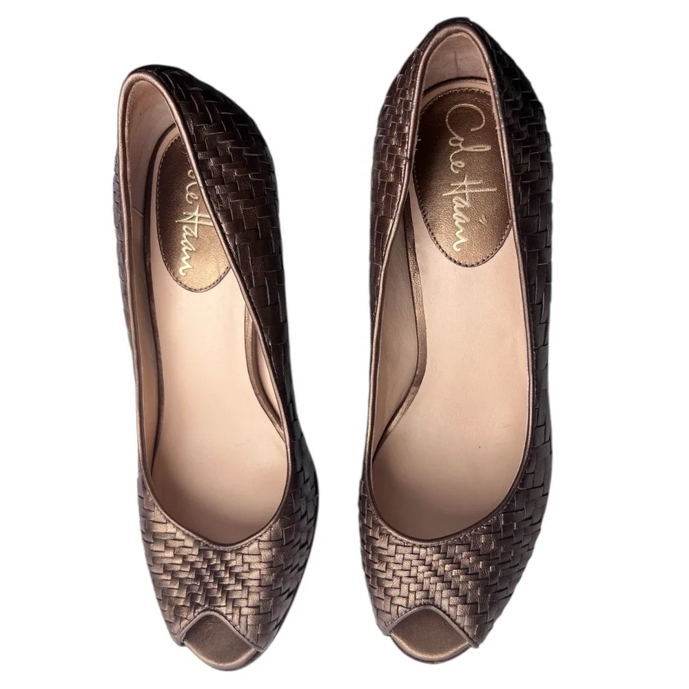Cole Haan‎ Bronze Woven Leather Peep Toe Heels 7.5B Nike Air Comfort